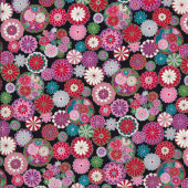 Pretty Colourful Japanese Flowers on Black with Metallic Gold Quilting Fabric