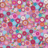 Pretty Colourful Japanese Flowers on Mauve with Metallic Gold Quilting Fabric