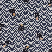 Japanese Black Cats Navy Waves Quilting Fabric 2 Metre Pre Cut 