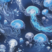Jellyfish on Dark Blue Ocean Nature Quilting Fabric