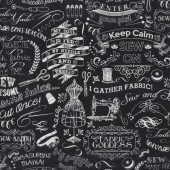 Keep Calm Sew On Sewing Words Verses on Black Quilting Fabric
