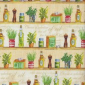 Kitchen Shelves Olive Oil Herbs Stock Cubes Border Quilting Fabric