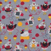 Comical Chickens Chooks Hens Knitting on Grey Quilting Fabric