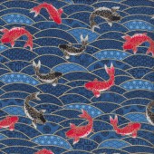 Japanese Koi Fish on Navy Blue With Metallic Gold Quilting Fabric
