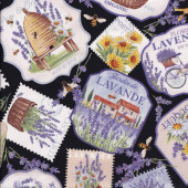 Lavender Signs Flowers on Black Bees Lavender Market Quilting Fabric