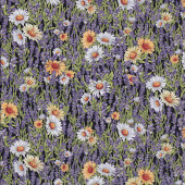 Lavender Flowers Daisies on Black Lavender Market Quilting Fabric