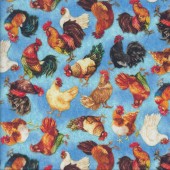 Chickens Roosters on Blue Lay an Egg Farm Animal Quilting Fabric