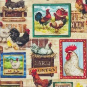 Chickens Roosters in Squares Rectangles Lay an Egg Farm Quilting Fabric