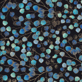 Blue Leaves with Metallic Gold Royal Plume Quilting Fabric