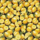 Lemons Whole and Slices on Black Fresh Fruit Quilting Fabric
