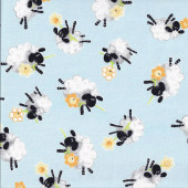 Lewe the Ewe Sheep with Flowers on Light Blue Quilting Fabric