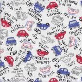 Cute Little Cars on White Have a Nice Trip Kids Quilting Fabric