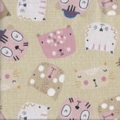 Animal Faces Cats Dogs Little Friends on Beige Quilting Fabric  