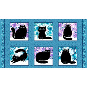 Black Cats in Squares with Flowers Meow Quilting Fabric Panel
