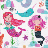 Mermaids Seahorses Fish on White Girls Quilting Fabric