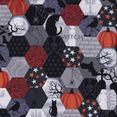Black Cats Bats Crows in Hexagons Halloween Midnight Magic Quilting Fabric
