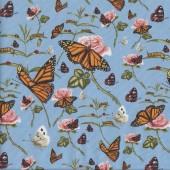 Monarch Butterflies Caterpillars Roses on Blue Quilting Fabric