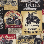 Vintage Motorbike Signs on Black Quilting Fabric