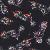 Motorbikes on Black with Flames Quilting Fabric