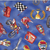 Dirt Bikes and Accessories on Blue Quilting Fabric Remnant 43cm x 112cm