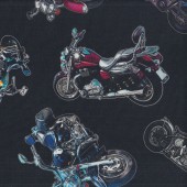 On The Road Classic Motorbikes on Black Boys Mens Quilting Fabric