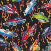 Performance Muscle Cars and Flames on Black Boys Mens Quilting Fabric