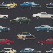 Mustang Cars on Charcoal Vintage Cars Mens Quilting Fabric