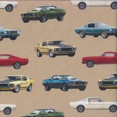 Mustang Cars on Tan Vintage Cars Mens Quilting Fabric
