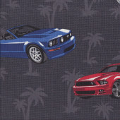 Mustangs Cars Palm Trees on Grey LIGHT WEIGHT Quilting Fabric