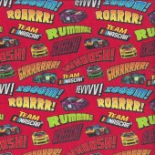 Nascar Racing Car Rummmble Zooom Roarrr on Red Quilting Fabric