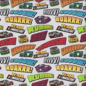 Nascar Racing Car Rummmble Zooom Roarrr on White Quilting Fabric