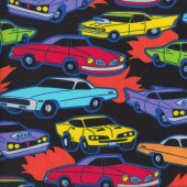 Neon Muscle Cars on Black Boys Mens Kids Quilting Fabric 