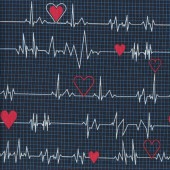 Heartbeat EKG Nurses on Black Quilting Fabric Remnant 24cm x 112cm 