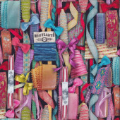 Colourful Ornamental Ribbons and Bows on Black Quilting Fabric