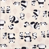 Cute Panda Bears Leaves on Cream Quilting Fabric