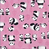 Cute Panda Bears Leaves on Pink Quilting Fabric