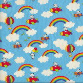 Pandas in Aeroplanes Colourful Rainbows and Clouds Fabric