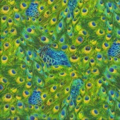 Green Blue Yellow Peacock Feathers Quilting Fabric