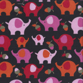 Pink Red Orange Elephants on Black Acorns Quilting Fabric