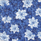 Pretty White and Blue Poinsettia Flowers with Metallic Silver Quilting Fabric