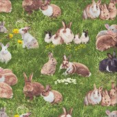 Rabbits on Grass Flowers Countryside Quilting Fabric