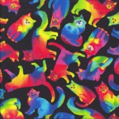 Rainbow Colourful Cats on Black Kittens Quilting Fabric