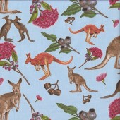 Kangaroos and Gumnuts with Flowers Red Valley Quilting Fabric