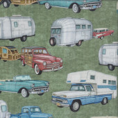 Retro Cars Caravans on Green Quilting Fabric Remnant 24cm x 112cm
