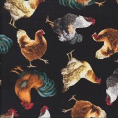Chickens Hens Roosters Farm Animal on Black Quilting Fabric