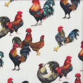 Colourful Roosters Farm Animal on White Quilting Fabric