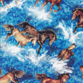 Horses Galloping Running Wild on Blue Water Quilting Fabric