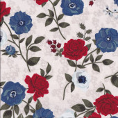Red Roses Blue White Flowers Floral Sabrina on Ivory Quilting Fabric