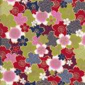 Colourful Japanese Sakura Cherry Blossom Flowers with Metallic Gold Quilting Fabric