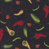 Chilli Peppers on Black Salsa Picante Vegetable Quilting Fabric